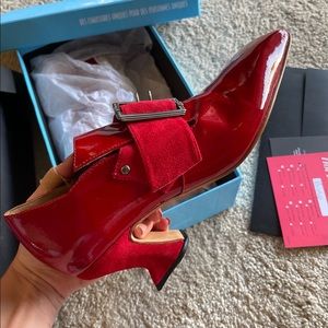 John Fluevog red buckle loafer bishop heel